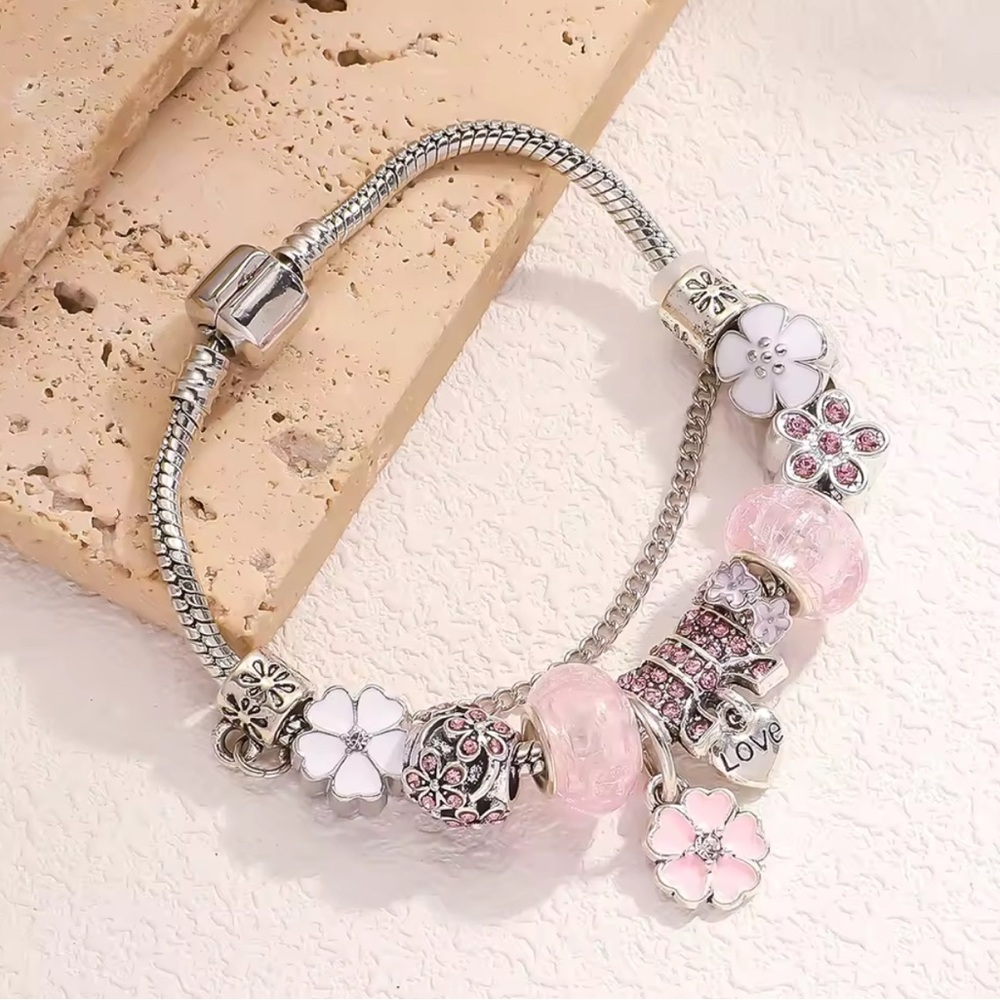 Pink Flower Charm Bracelet with LOVE Pendant - Pan Style NWT